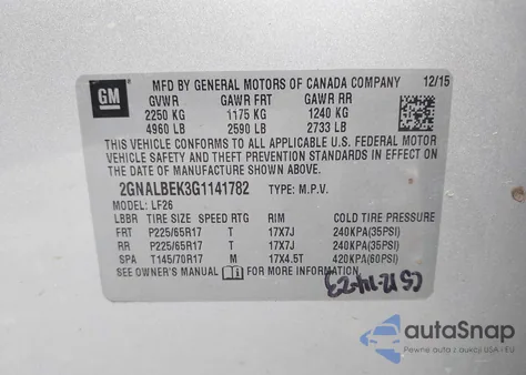 2016 Chevrolet Equinox Ls z USA, uszkodzony, nr VIN 2GNALBEK3G1141782